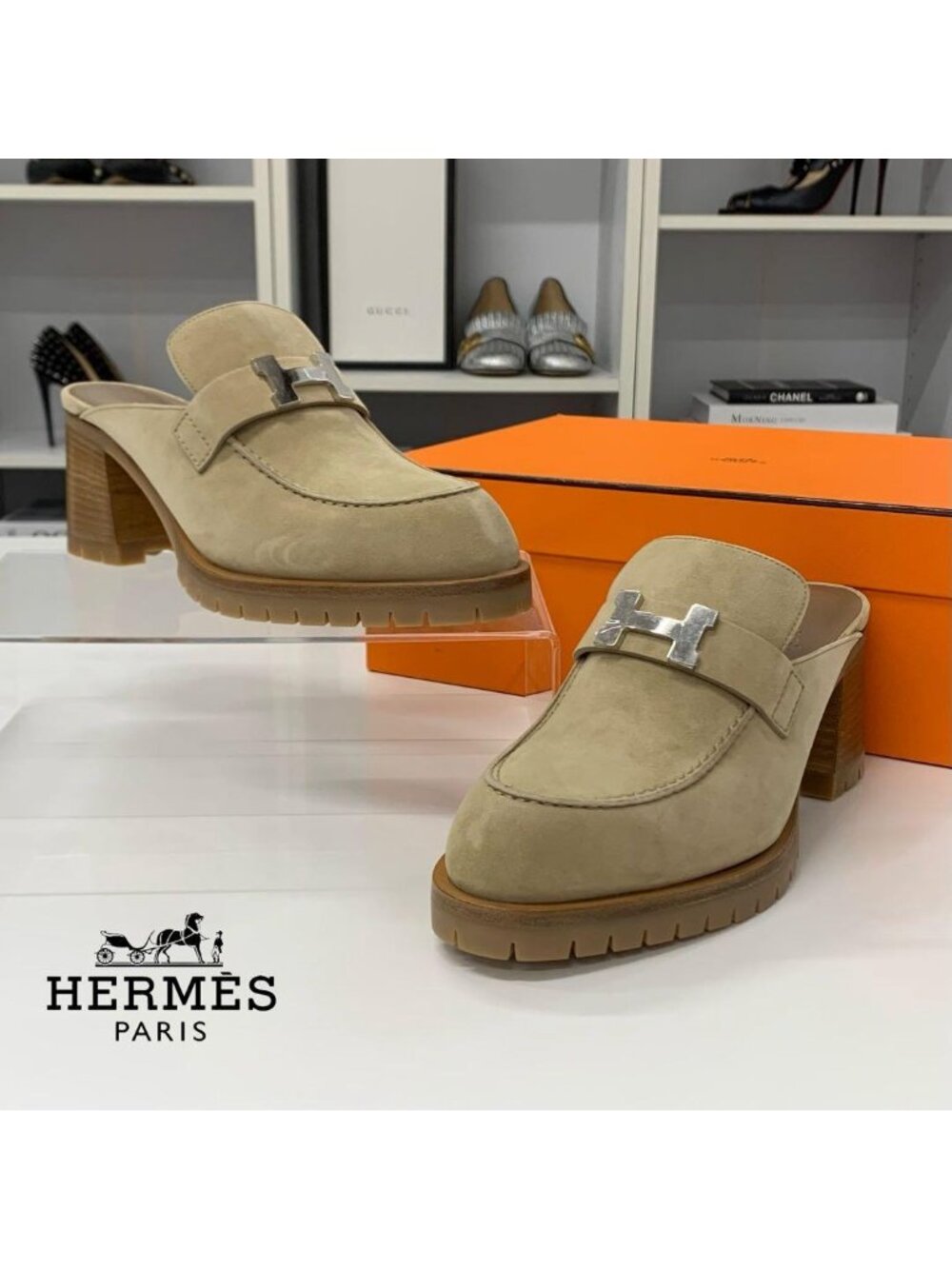 Hermes Flor 60 Suede H Sandals Beige